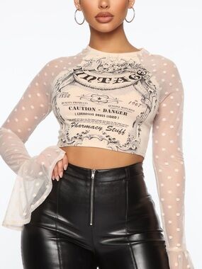 Fashion Nova Taupe Polka Dot Mesh Crop Top with Printed Front